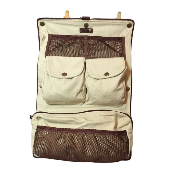 Mens Hanging Toiletry Bag Leather & Canvas Brass Hardware & Multiple Pockets - Picture 1 of 6